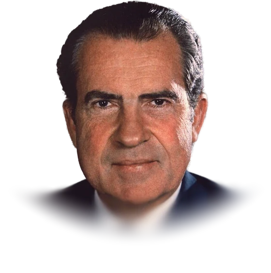 Richard Nixon in a dark blue suit and patterned tie with a small American flag pin on the lapel, in his official presidential portrait from about 1972