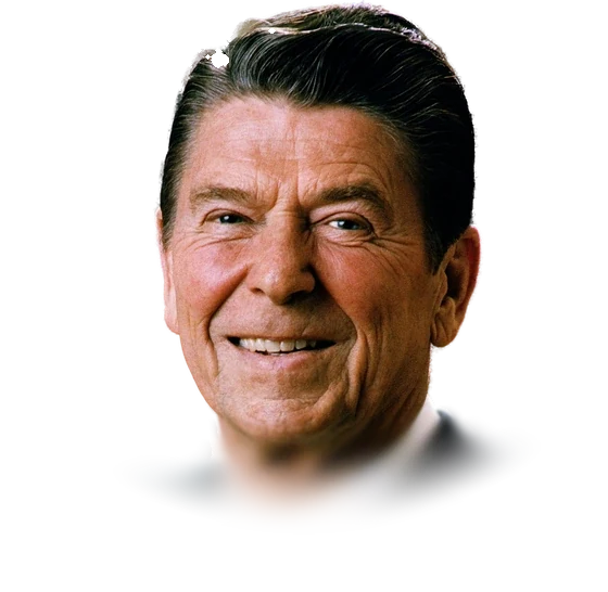 Ronald Reagan smiling in a dark suit, white shirt and maroon patterned tie, in his official presidential portrait from February 1981