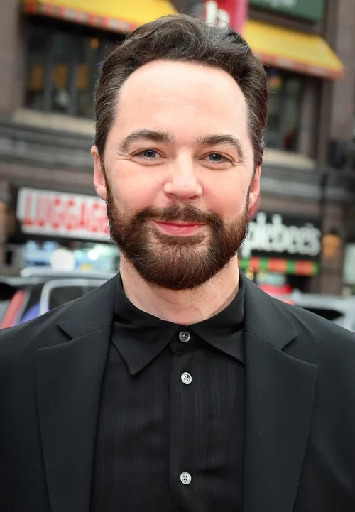 Jim Parsons, the actor who played Sheldon Cooper in The Big Bang Theory, in a dark jacket and shirt at the Broadway opening night of Good Night, and Good Luck in April 2025