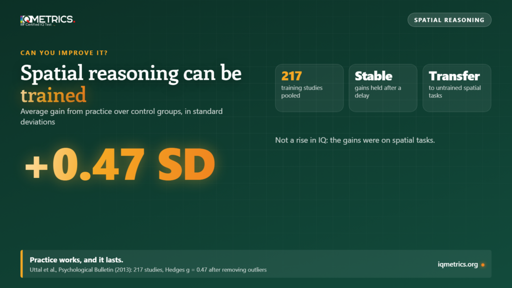 Card with the headline "Spatial reasoning can be trained": 217 training studies, an average gain of 0.47 standard deviations over control groups, gains that lasted after delays and transferred to other spatial tasks (Uttal and colleagues, 2013).