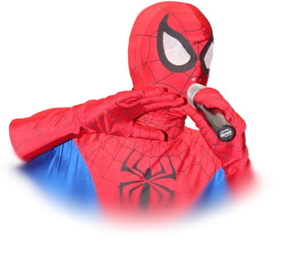 A cosplayer in the red-and-blue Spider-Man costume and full mask, speaking into a microphone at Florida Supercon in July 2013
