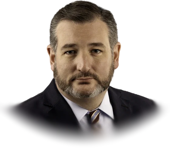 Ted Cruz with a trimmed dark beard in a dark suit, white shirt and striped tie, in his official U.S. Senate portrait from January 2019