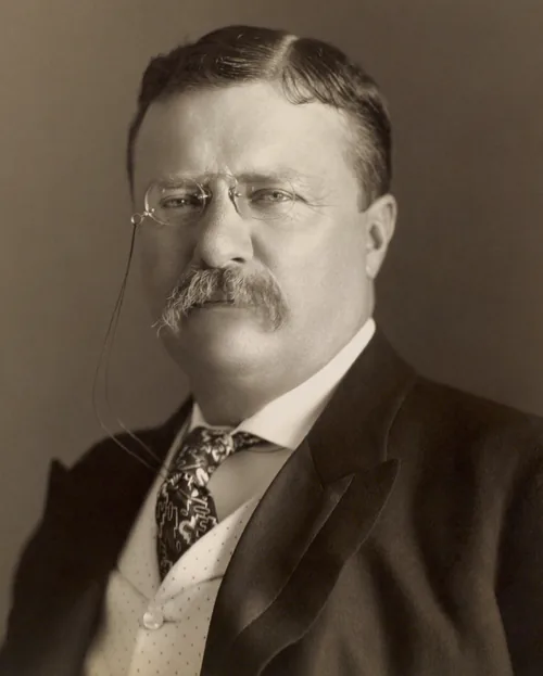 Theodore Roosevelt in pince-nez glasses with a mustache, a dark jacket, waistcoat and patterned tie, in a sepia studio photograph from 1904