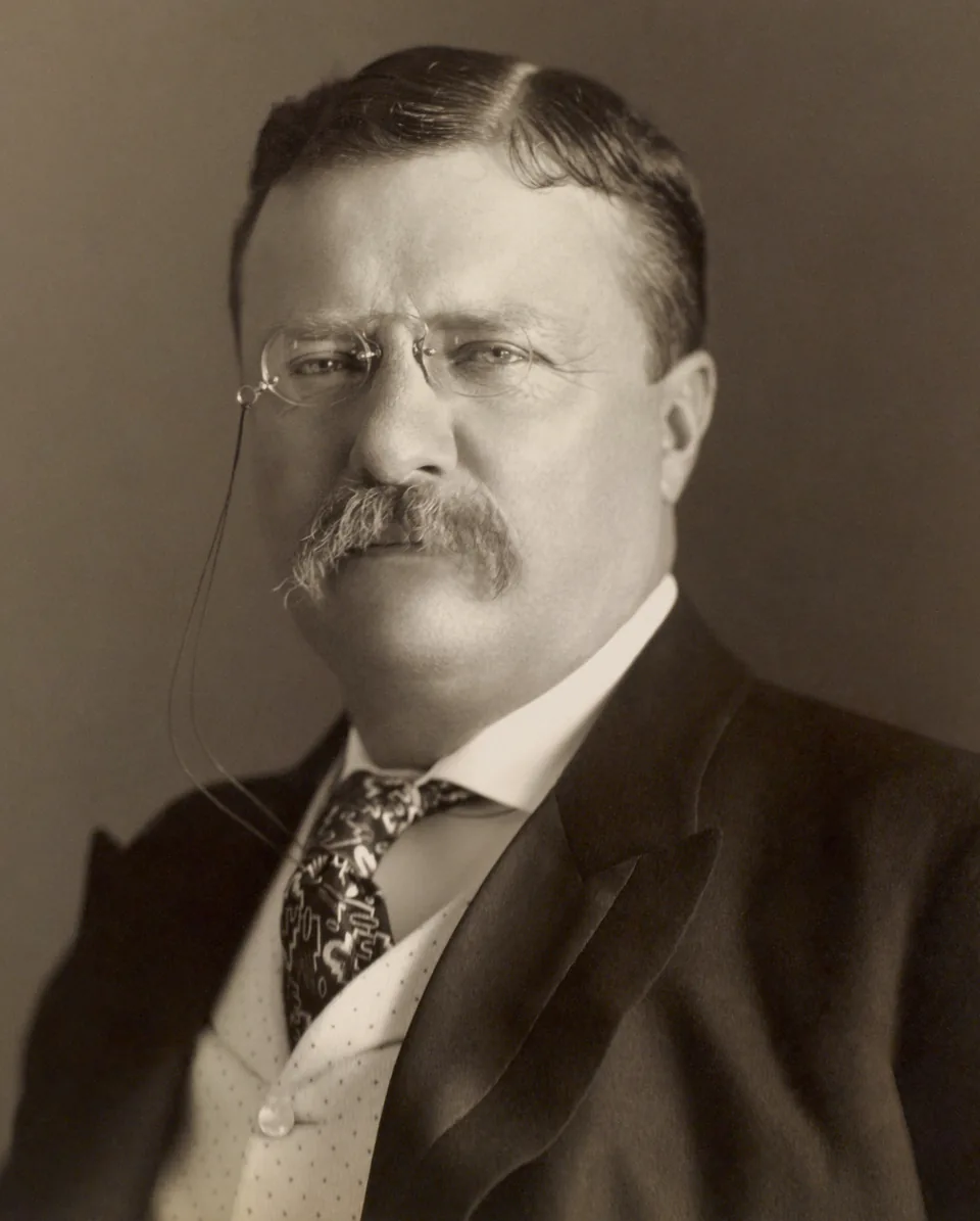 Theodore Roosevelt in pince-nez glasses with a mustache, a dark jacket, waistcoat and patterned tie, in a sepia studio photograph from 1904