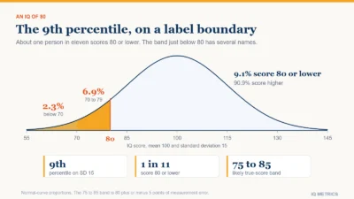 Bell curve of IQ scores with mean 100 and standard deviation 15, with the area at or below 80 shaded: 9.1 percent of people score 80 or lower, of whom 2.3 percent score below 70 and 6.9 percent score 70 to 79.